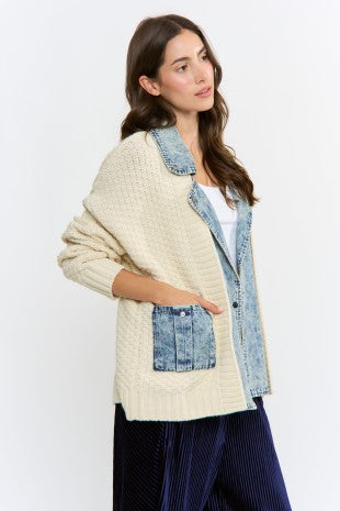 Waitlist 8/25 • Clarissa Long Sleeve Cable Knit Denim Trim One Size Shacket Ivory