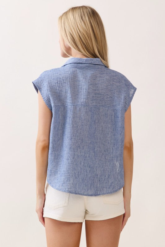 Fiora Short Sleeve Button Down Stripe Print Top Blue
