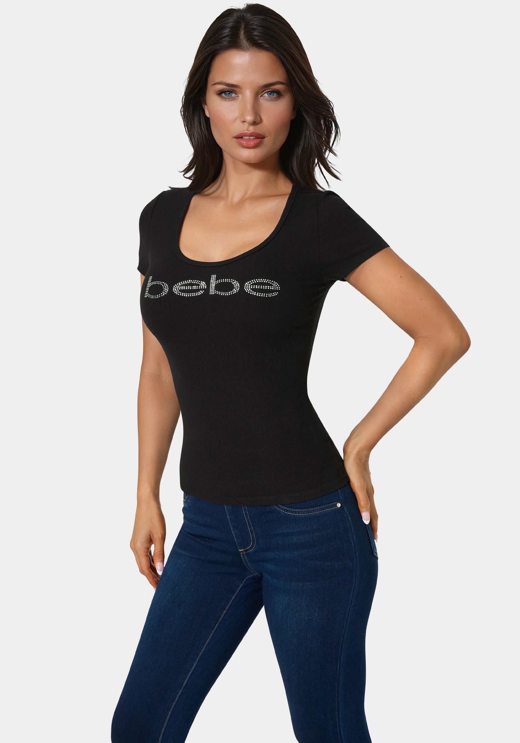Bebe Logo Short Sleeve Round Neck Rib Top