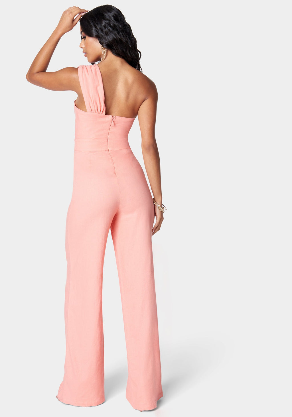 Stretch Linen Asymmetric Draped Wide Leg Jumpsuit