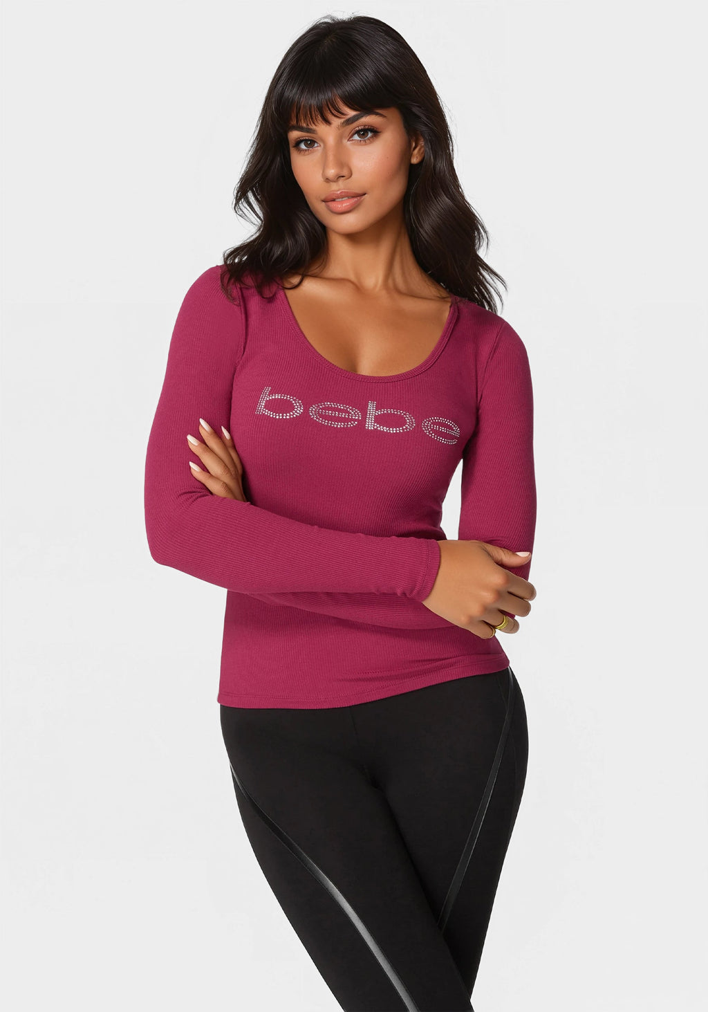 Long Sleeve Scoop Neck Bebe Logo Rib Top