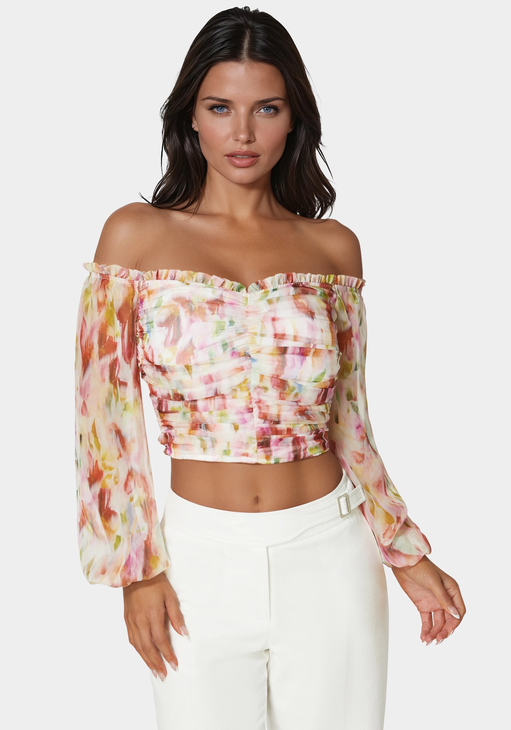 Printed Chiffon Cold Shoulder Ruched Top