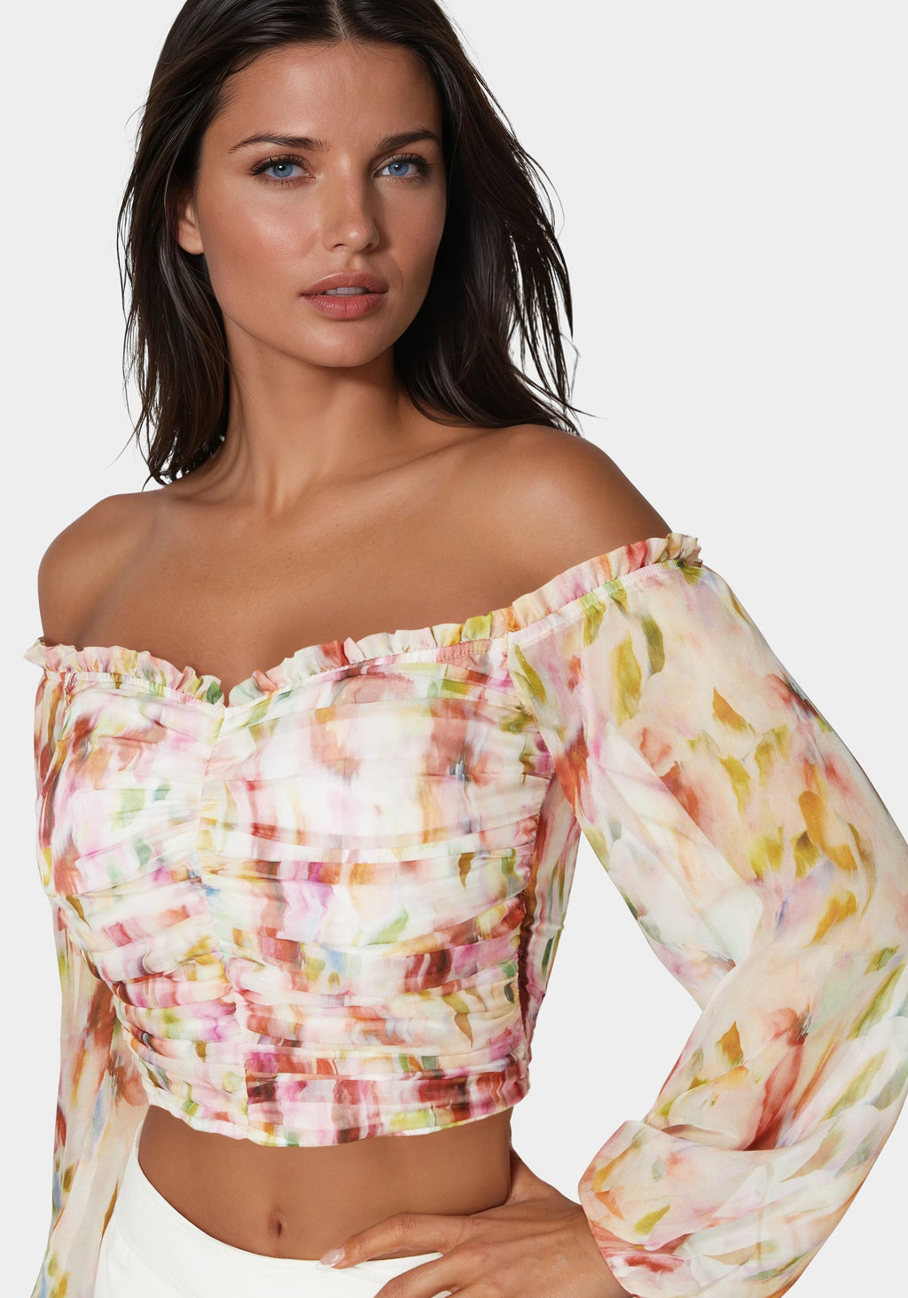 Printed Chiffon Cold Shoulder Ruched Top