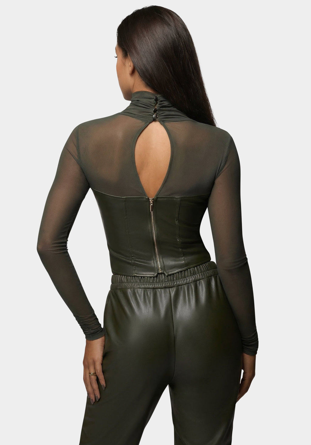 Mock Neck Mesh Combo Vegan Leather Top