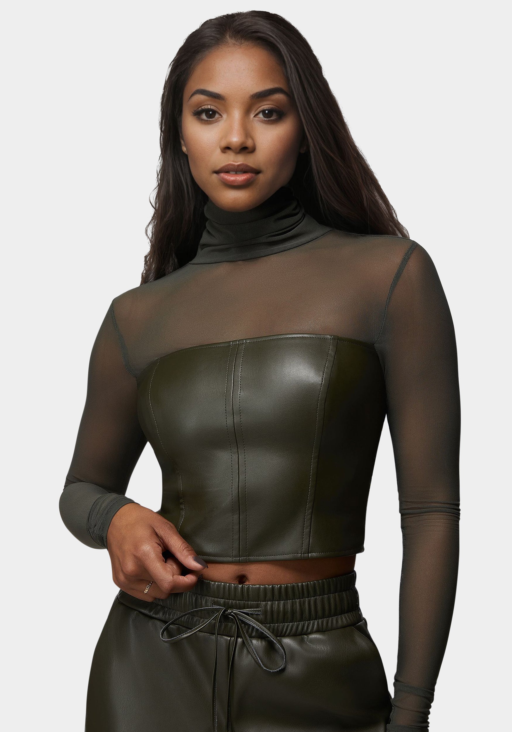 Mock Neck Mesh Combo Vegan Leather Top