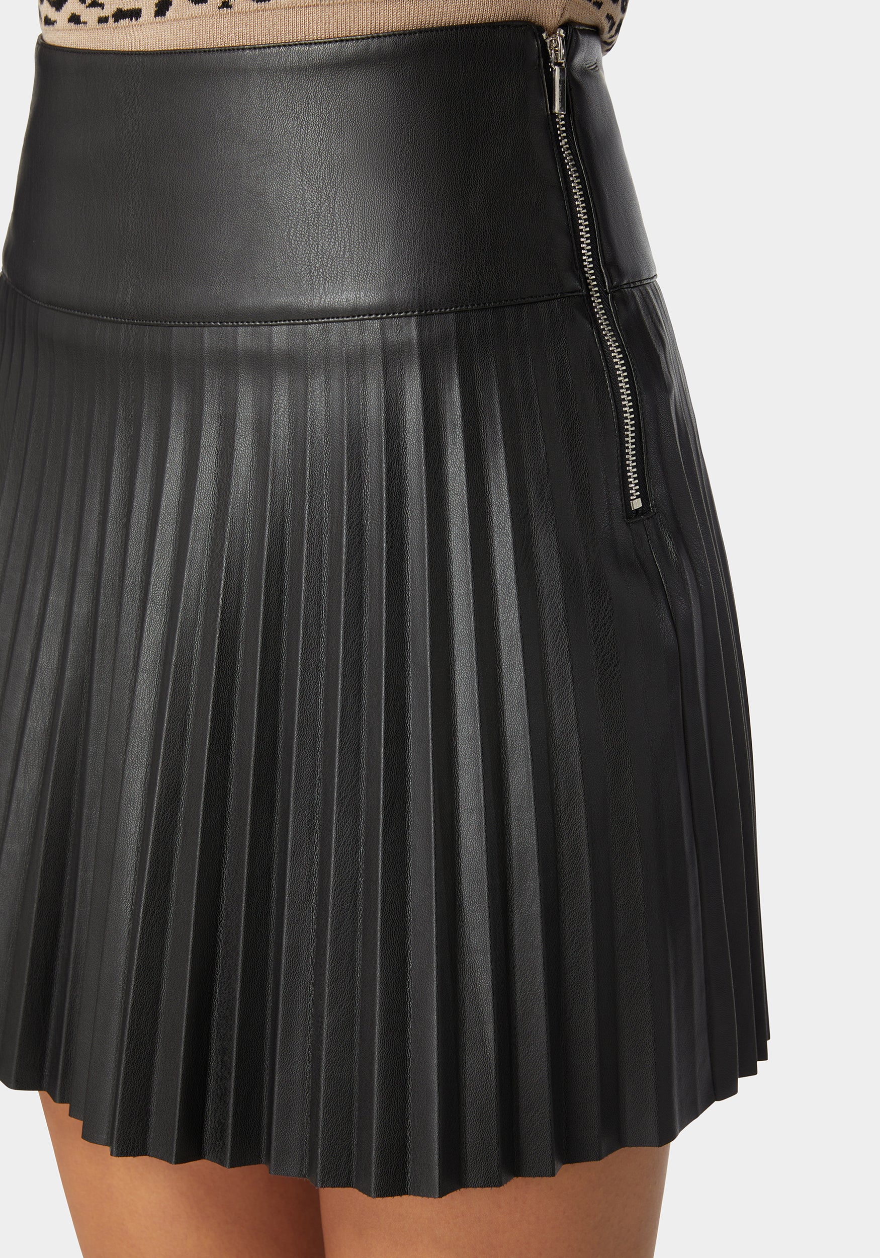 Pleated Vegan Leather Mini Skirt Exposed Side Zipper