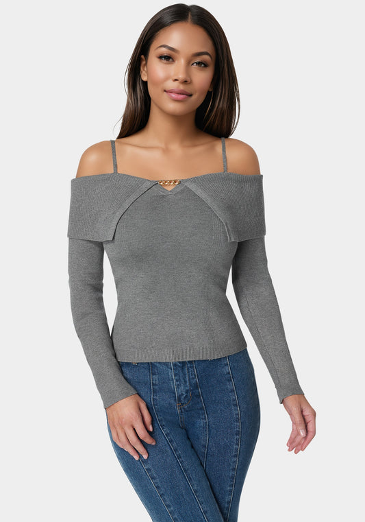 Off Shoulder Fold Over Chain Detail Sweater