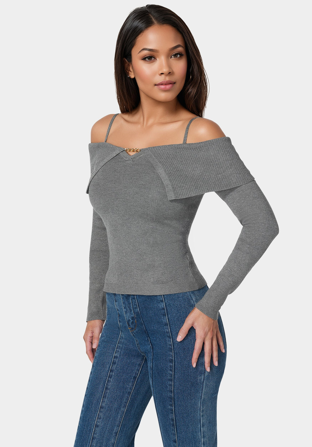 Off Shoulder Fold Over Chain Detail Sweater