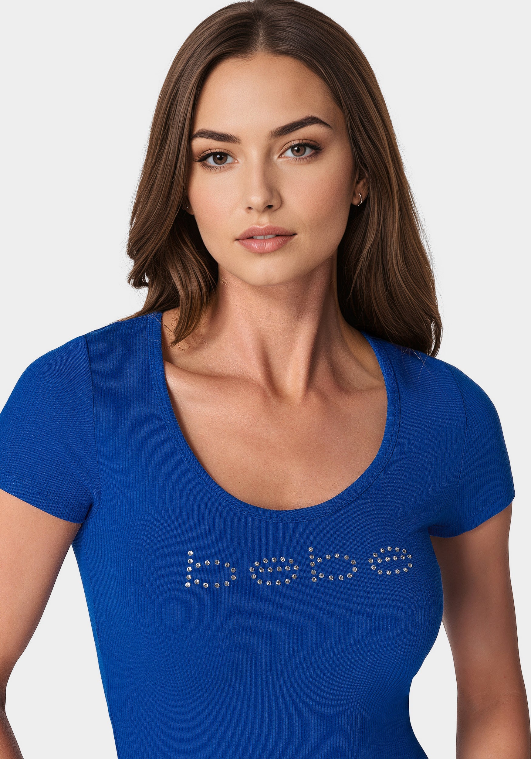 Bebe Logo Short Sleeve Scoop Neck Single Stone Rib Top