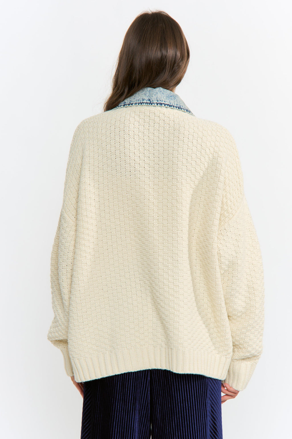 Waitlist 8/25 • Clarissa Long Sleeve Cable Knit Denim Trim One Size Shacket Ivory