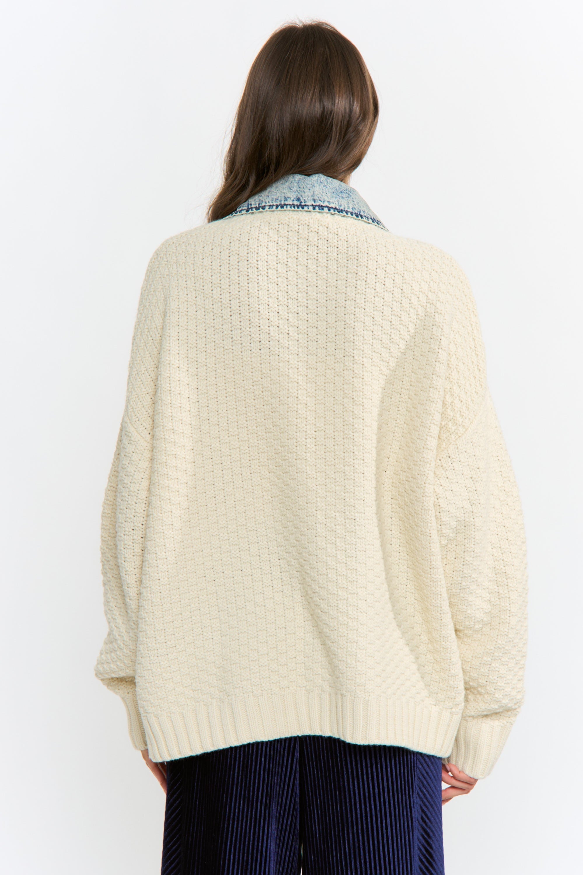Waitlist 8/25 • Clarissa Long Sleeve Cable Knit Denim Trim One Size Shacket Ivory