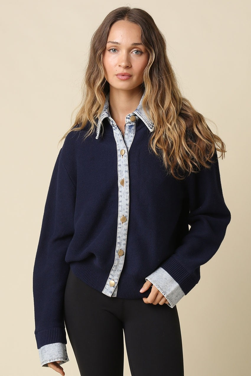 Waitlist 8/20 • Blaire Long Sleeve Button Down Contrast Denim Knit Cardigan Navy