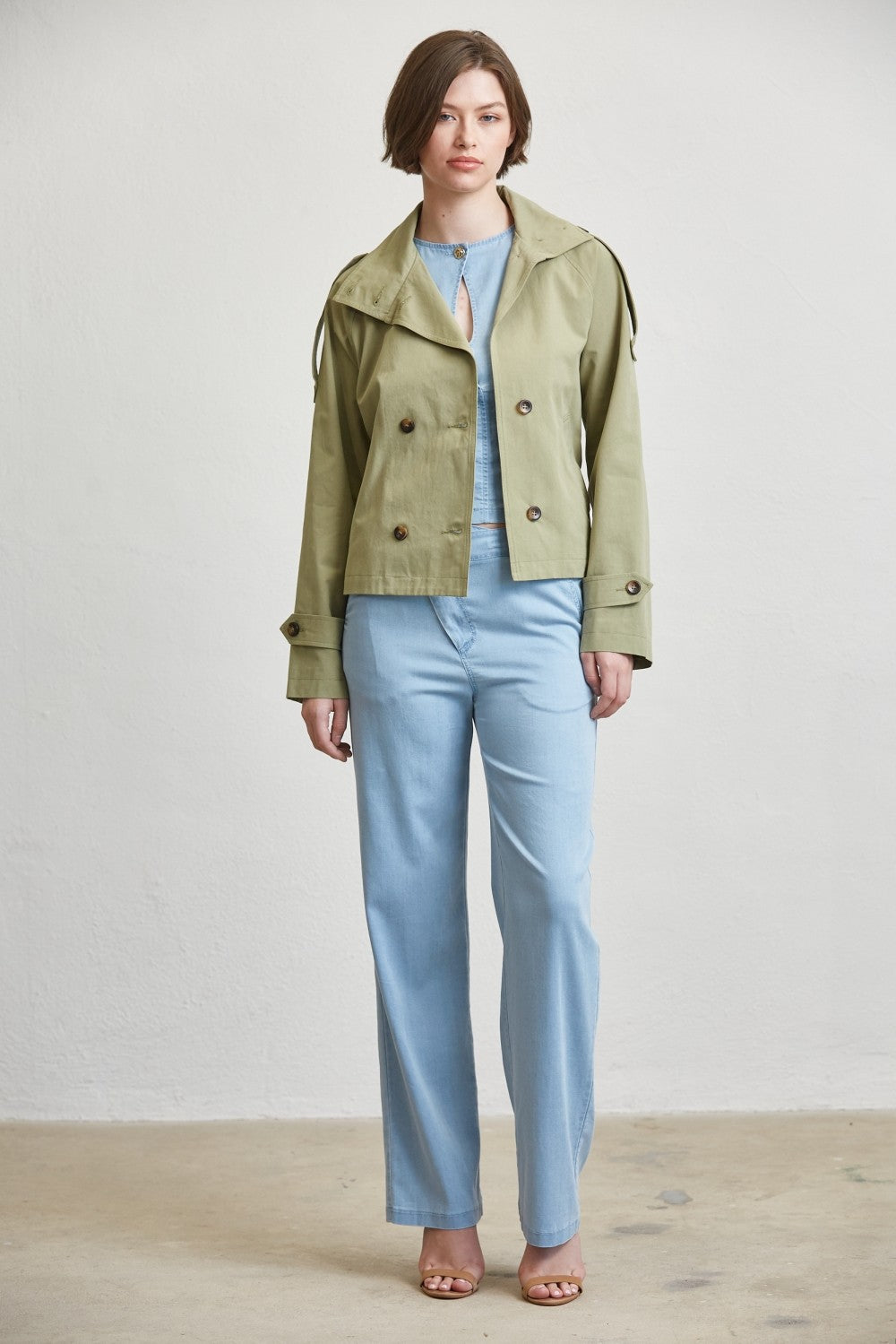 Marlowe Long Sleeve Double Breasted Waist Tie Jacket Olive