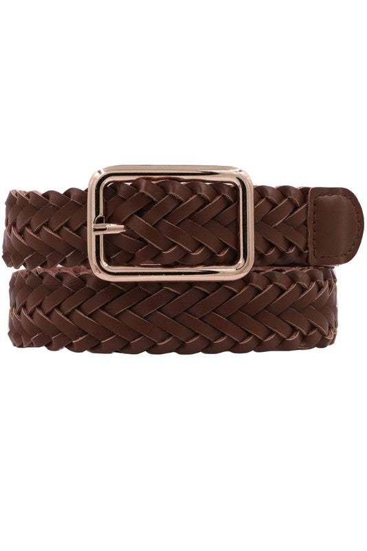 Gabriella Oval Metal Buckle Braided Vegan Leather Belt Brown