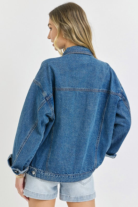 Mae Long Sleeve Button Down Oversized Denim Jacket Dark Wash