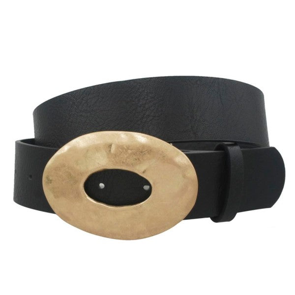 Katie Hammered Oval Buckle Belt Black