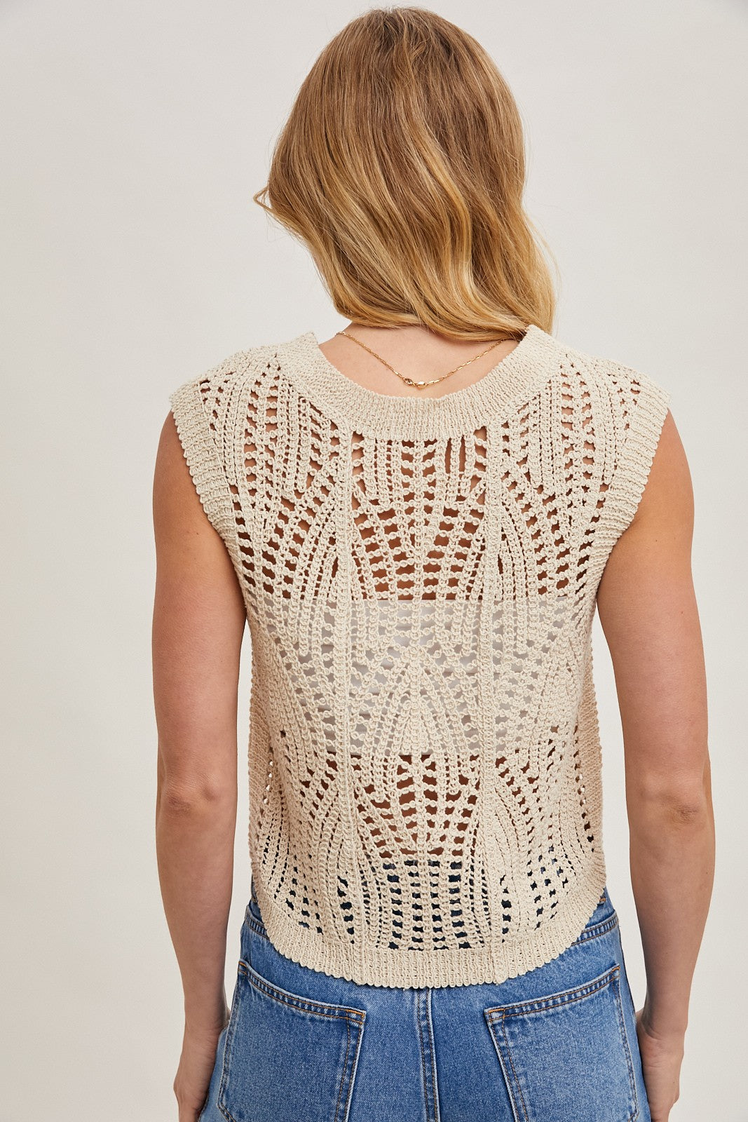 Elsie Sleeveless Sheer Crochet Knit Top Natural
