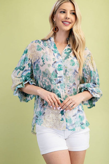 Cleo 3/4 Sleeve Button Down Floral Print Top Green