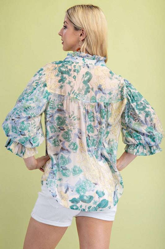 Cleo 3/4 Sleeve Button Down Floral Print Top Green