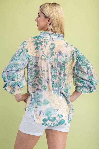 Cleo 3/4 Sleeve Button Down Floral Print Top Green
