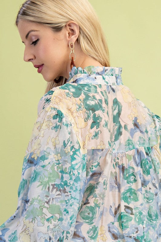 Cleo 3/4 Sleeve Button Down Floral Print Top Green