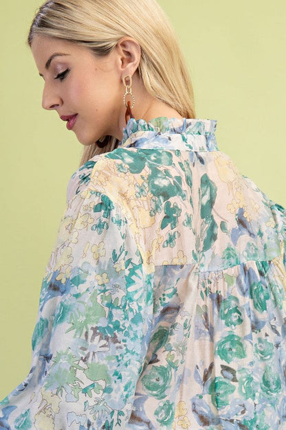 Cleo 3/4 Sleeve Button Down Floral Print Top Green