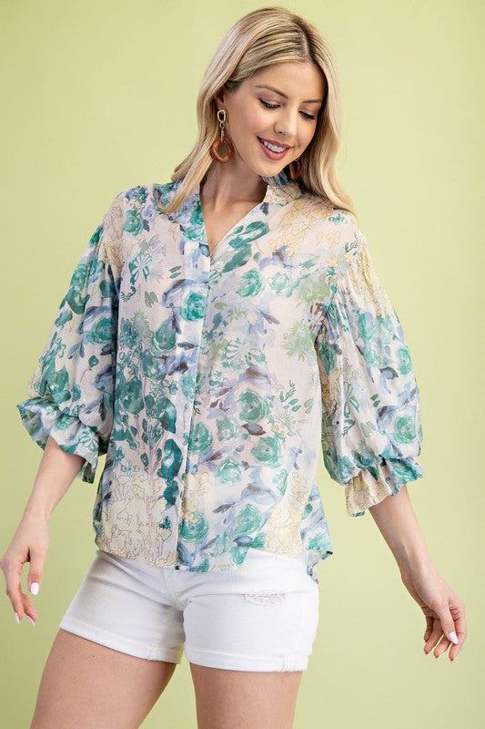 Cleo 3/4 Sleeve Button Down Floral Print Top Green