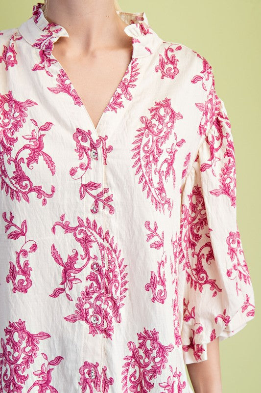 Florence Balloon Sleeve Button Down Printed Top Fuchsia