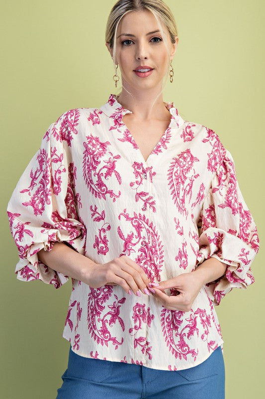 Florence Balloon Sleeve Button Down Printed Top Fuchsia