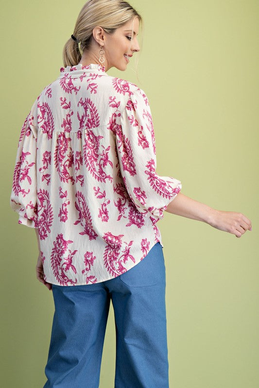 Florence Balloon Sleeve Button Down Printed Top Fuchsia