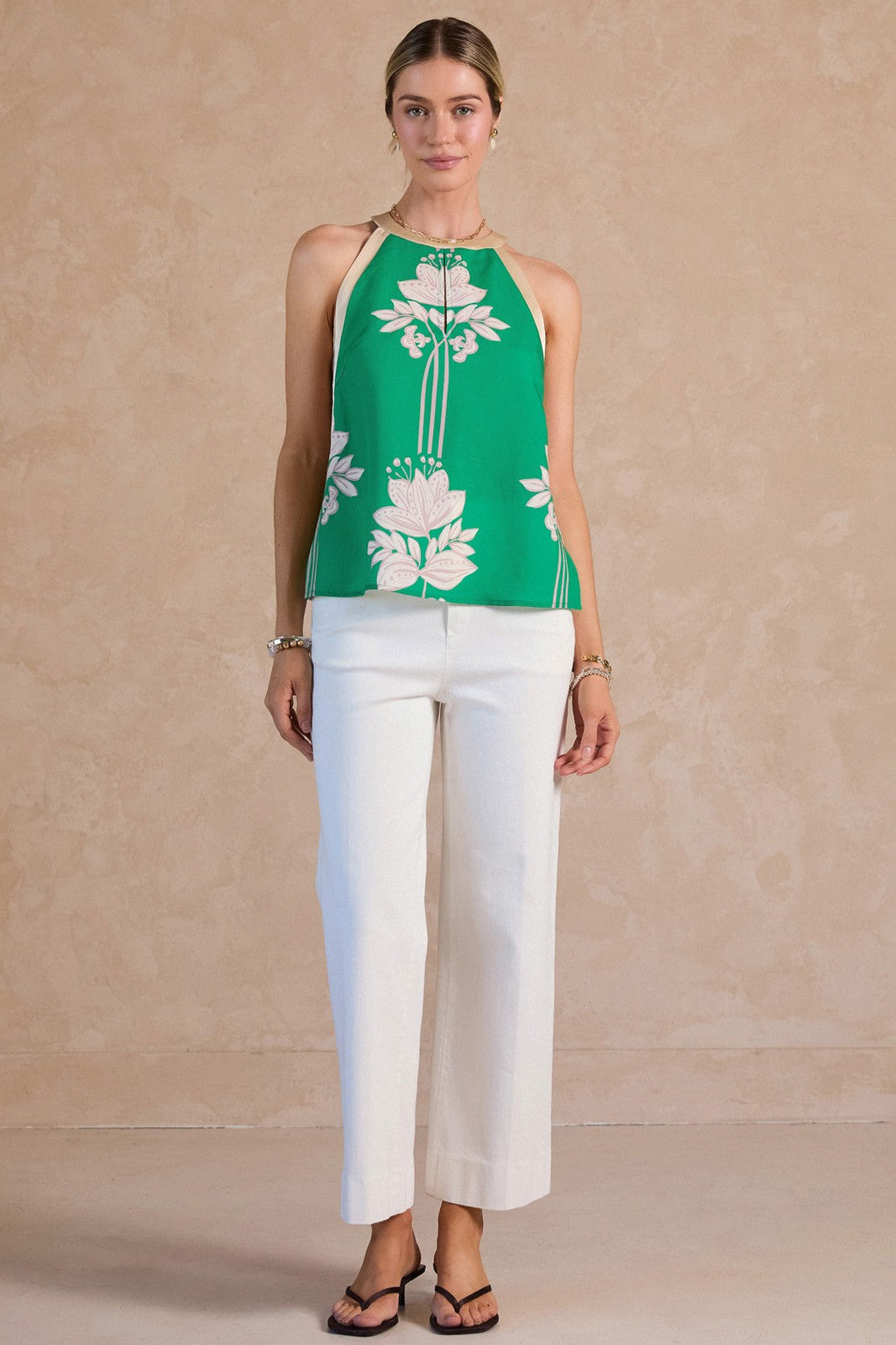 Wilder Sleeveless Floral Print Linen Top Green