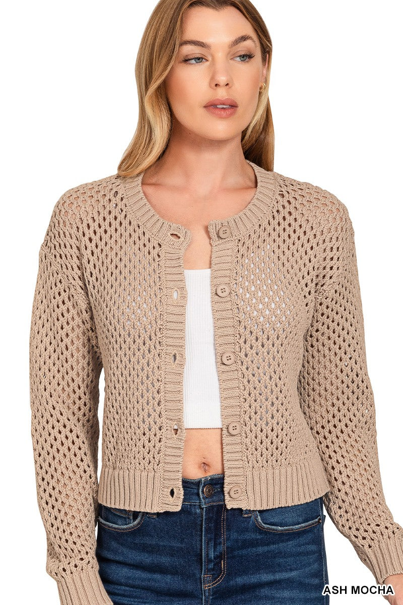 Laverne Long Sleeve Button Down Crochet Cardigan Mocha