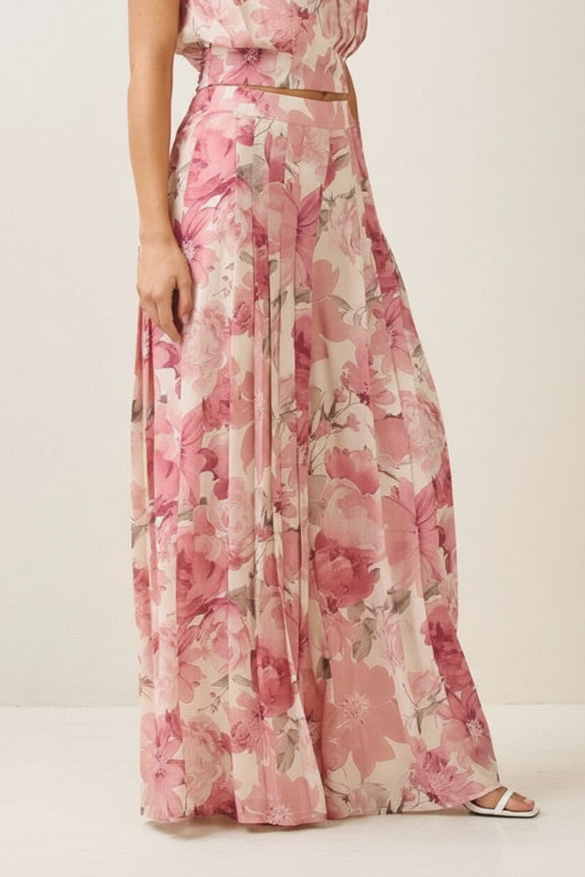 Elowen High Waist Wide Leg Floral Print Pants Pink