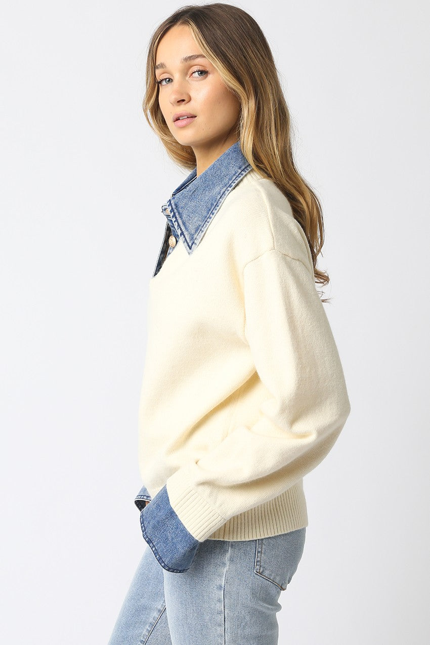 Waitlist 8/20 • Addy Long Sleeve Contrast Denim Knit Top Ivory