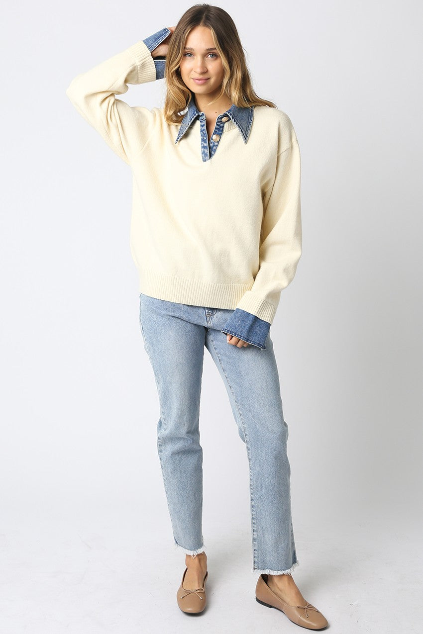 Waitlist 8/20 • Addy Long Sleeve Contrast Denim Knit Top Ivory