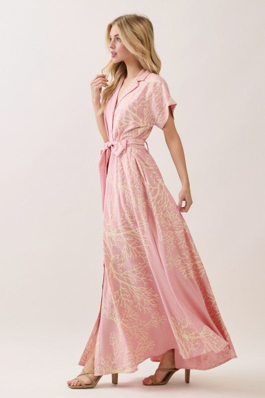 Heidi Short Sleeve Waist Tie Coral Print Maxi Dress Pink
