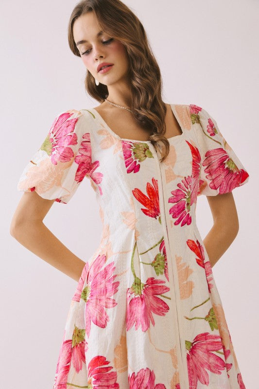 Franny Short Bubble Sleeve Floral Print Mini Dress Pink
