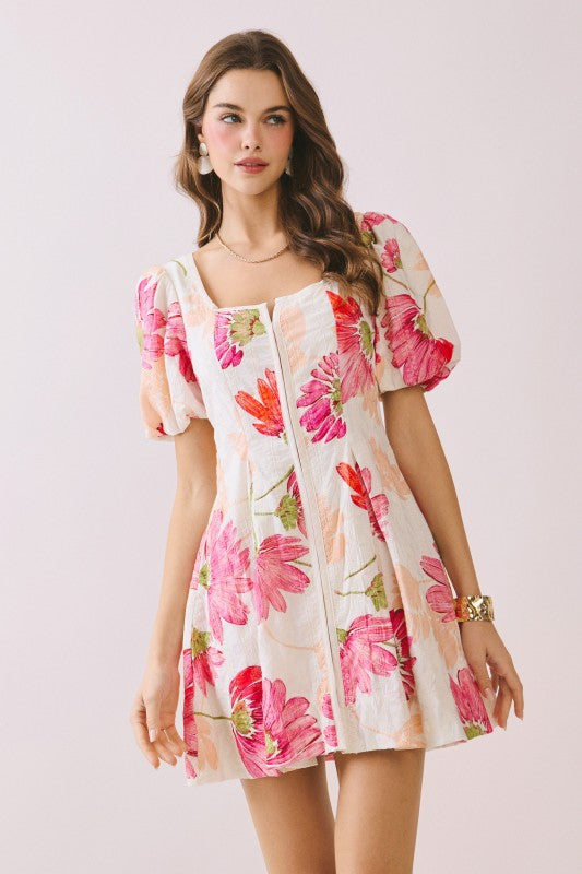 Franny Short Bubble Sleeve Floral Print Mini Dress Pink
