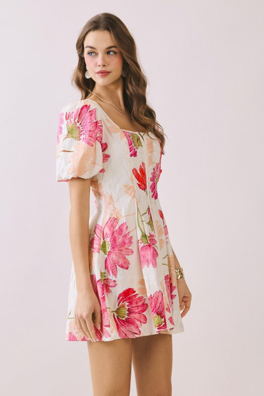 Franny Short Bubble Sleeve Floral Print Mini Dress Pink