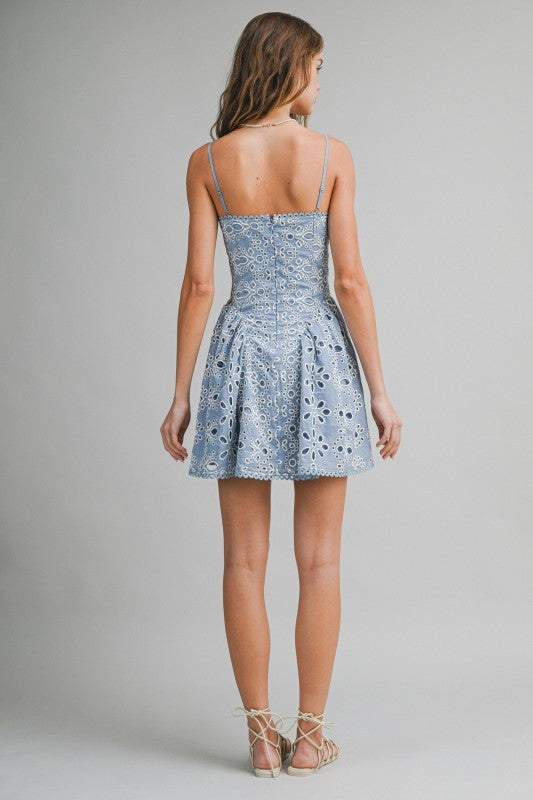 Alicia Sleeveless Embroidered Eyelet Mini Dress Blue