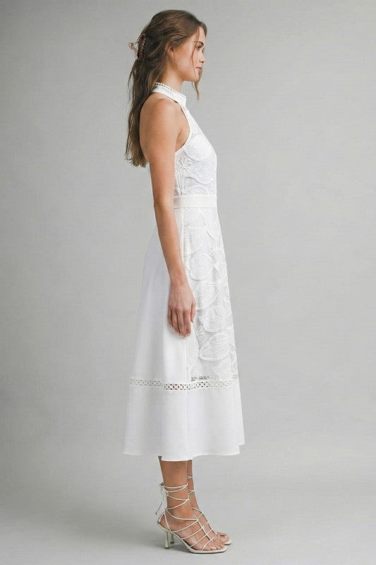 Billie Sleeveless Halter Floral Eyelet Lace Midi Dress White