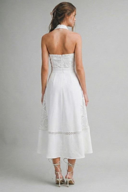 Billie Sleeveless Halter Floral Eyelet Lace Midi Dress White