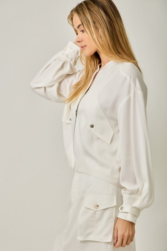 Kendall Long Balloon Sleeve Bomber Jacket White