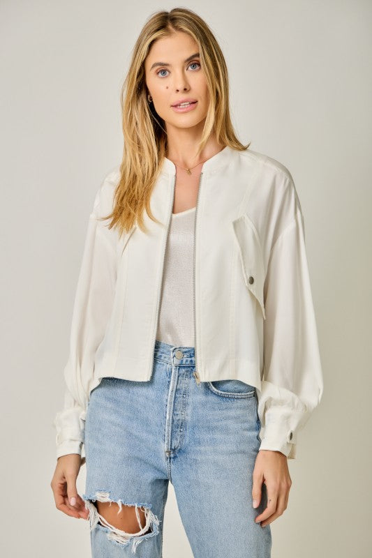 Kendall Long Balloon Sleeve Bomber Jacket White