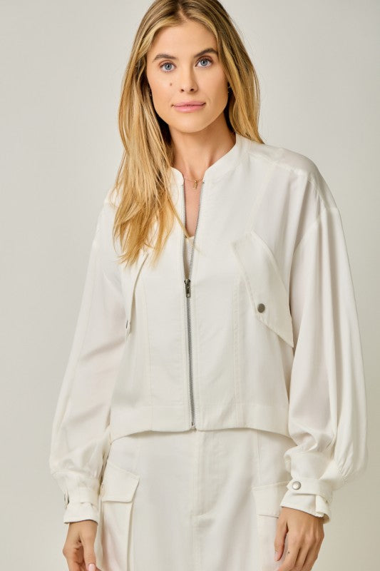 Kendall Long Balloon Sleeve Bomber Jacket White