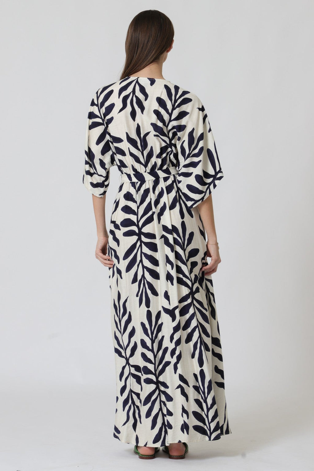 Maryann Short Kimono Sleeve Palm Print Maxi Dress Navy