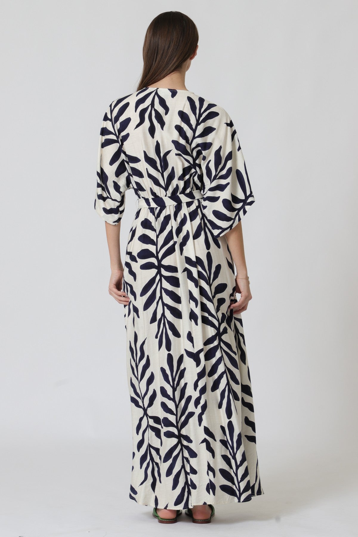 Maryann Short Kimono Sleeve Palm Print Maxi Dress Navy