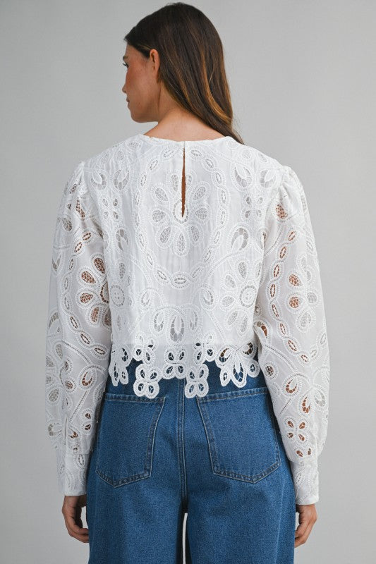 Joey Long Sleeve Eyelet Floral Lace Crop Top White