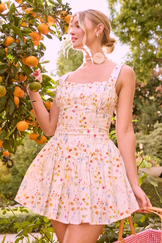 Jade Sleeveless Floral Print Mini Dress Yellow