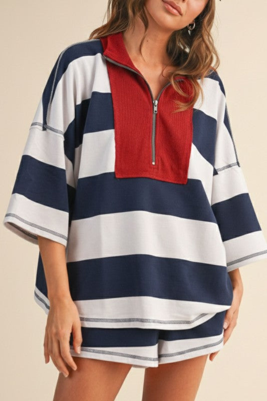 Gemma Short Sleeve Top And High Waist Stripe Print Shorts Set Navy
